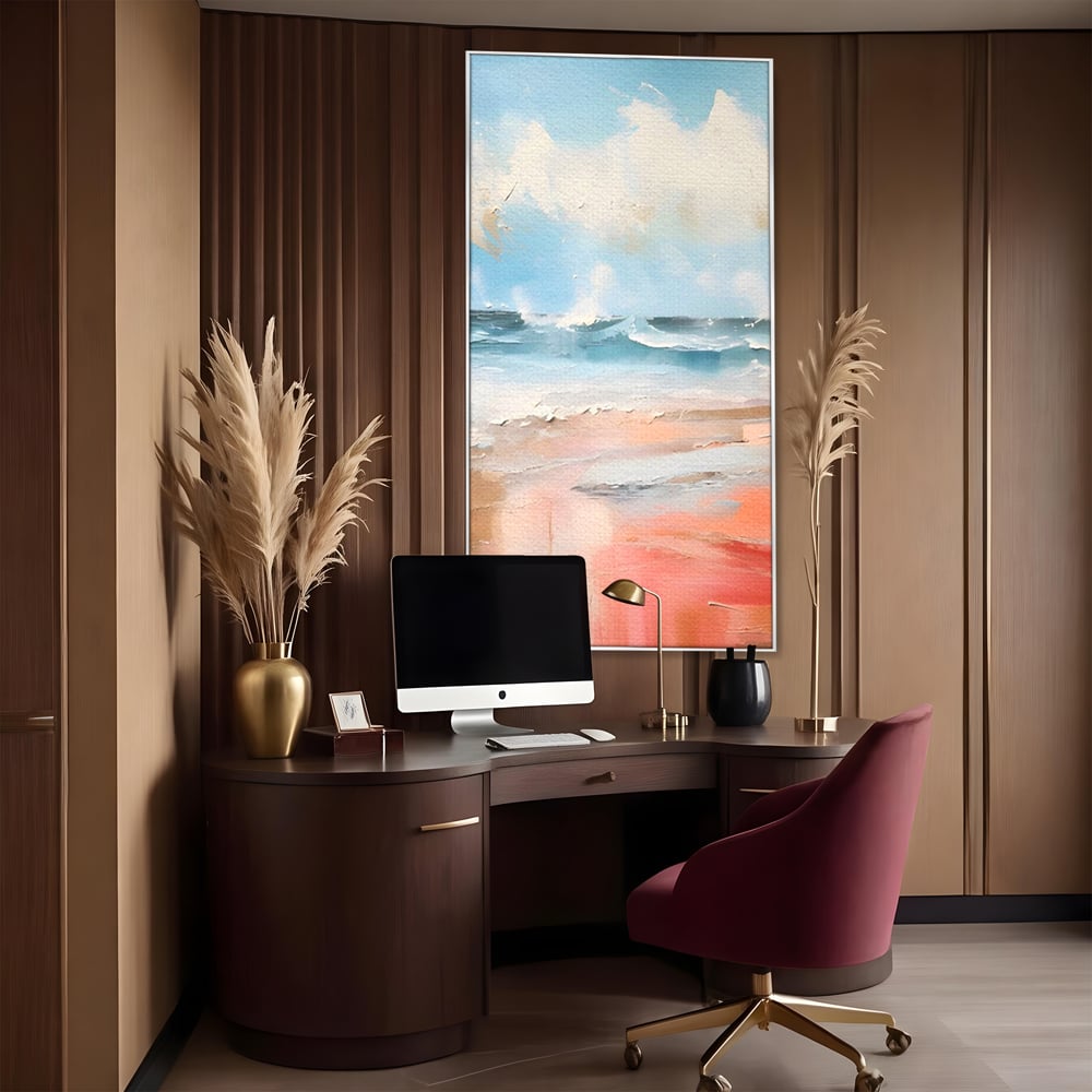 Tablou canvas cu tablou pictat cu peisaj marin abstract, in rama de aluminiu argintiu, pe perete intr-un birou